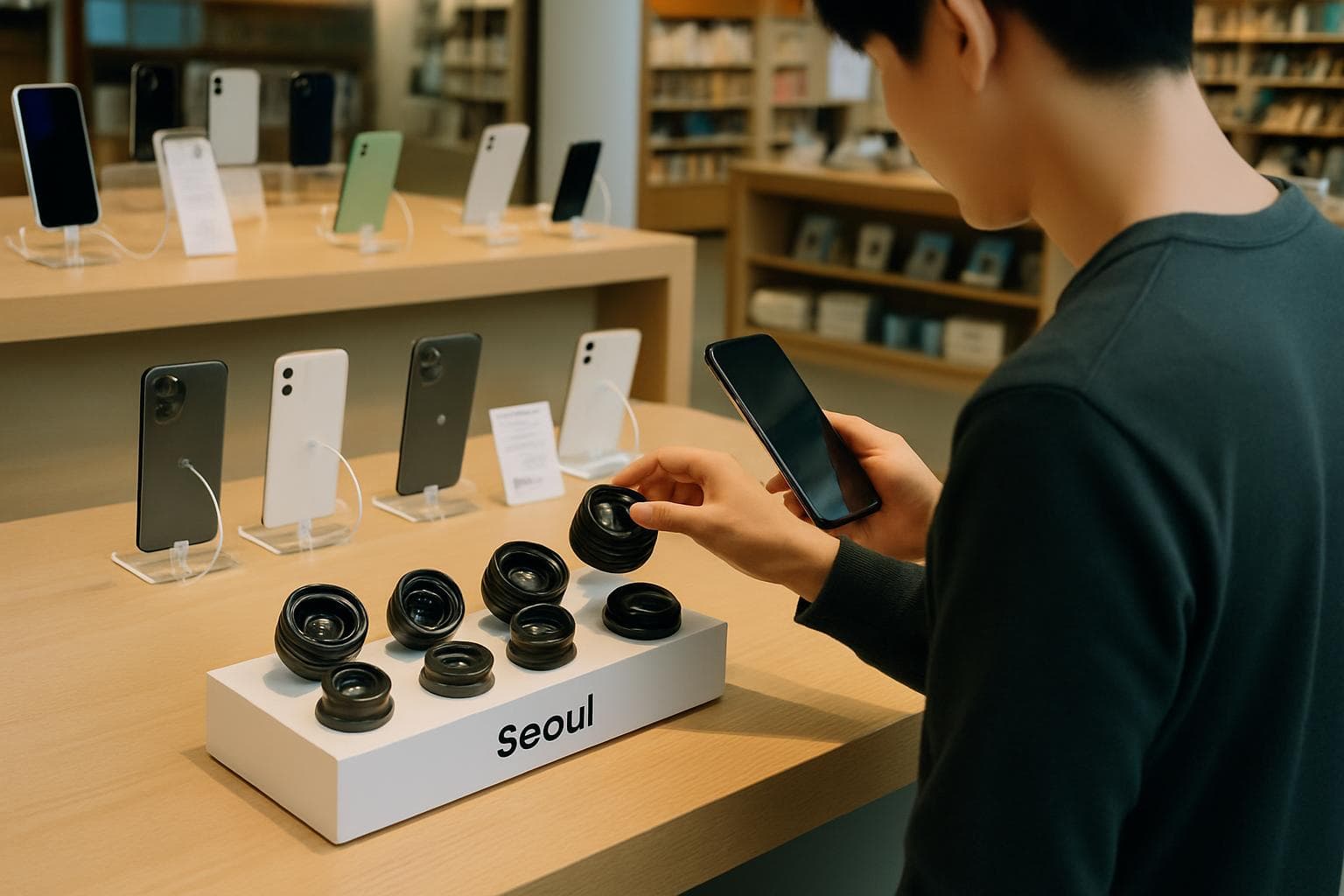서울의 전자 상가에서 휴대폰 렌즈를 살펴보는 모습