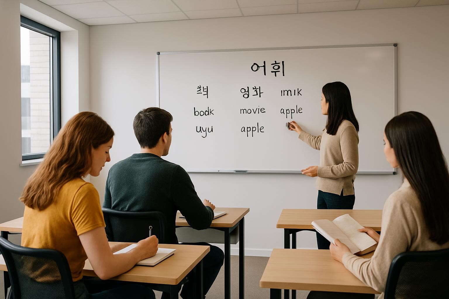 한국어 수업에서 외래어를 배우고 있는 학생들