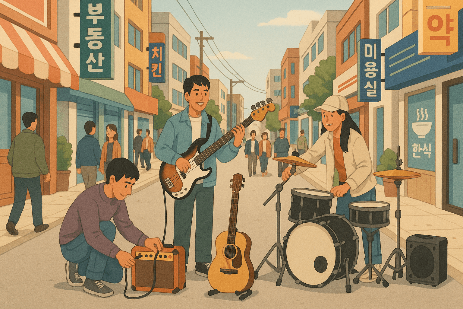 bustling street with musicians setting up instruments