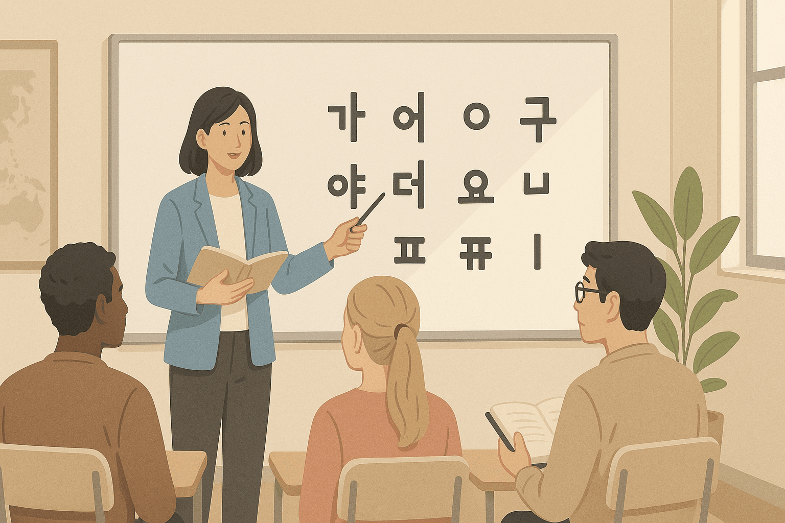 A neutral scene of a language classroom with a whiteboard and phonetic symbols.